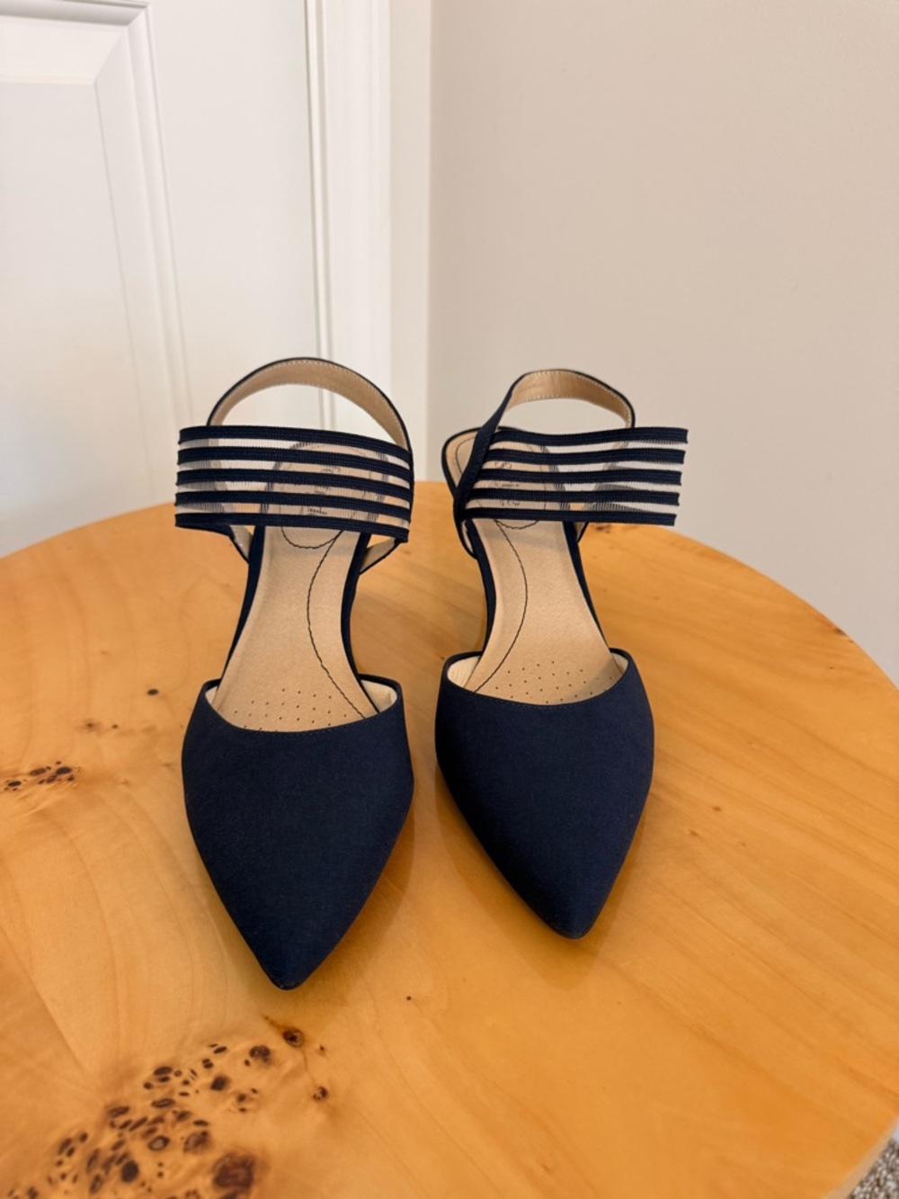 Life Stride Navy Pointed Toe Heels with Striped Ankle Straps